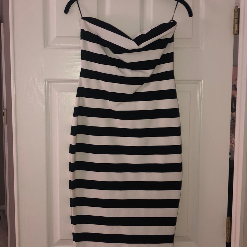 Express - Black/White stripe strapless midi dress